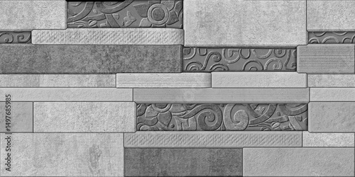 Fototapeta Naklejka Na Ścianę i Meble -  Home decorative 3d elevation wall tiles design, Seamless Ceramic Tiles Designs, Seamless Ceramic Wall tiles design Natural Stone Bricks wallpaper design Home decorative 3d elevation Background.
