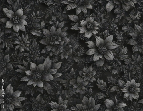 Intricate charcoal floral wallpaper, abstract botanical design, flowers, grey, surface