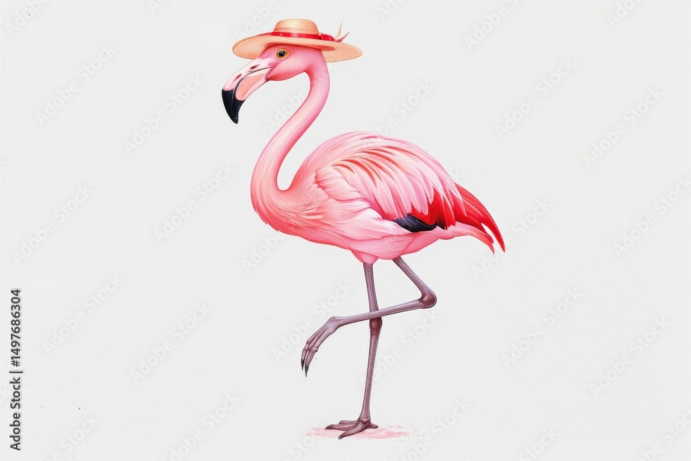 Obraz premium A pink flamingo wearing a beige sun hat on one leg, watercolor style illustration isolated on White Background
