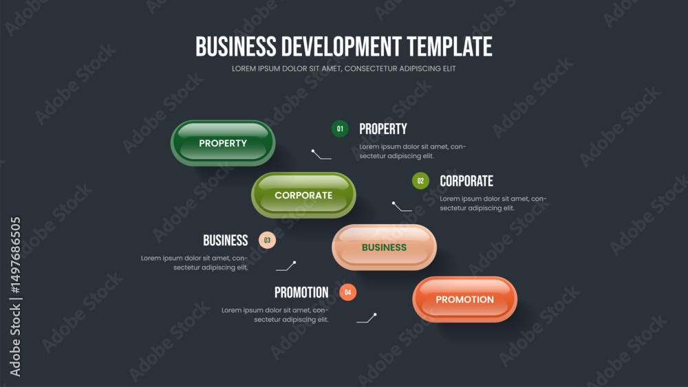 Fototapeta premium Investor Review 4 Option Diagram Slideshow Template. Sales Development Four Step Infographic Slide Layout. Corporate Forecast Frame Design Vector Illustration.