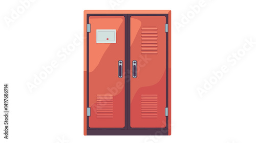 The image showcases a frontal view of a tall, rectangular, orange metal cabinet featuring two equally sized doors. The doors are equipped with simple, vertical, rectangular handles.
