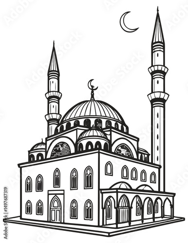 Islamic architecture drawing of mosque with minarets