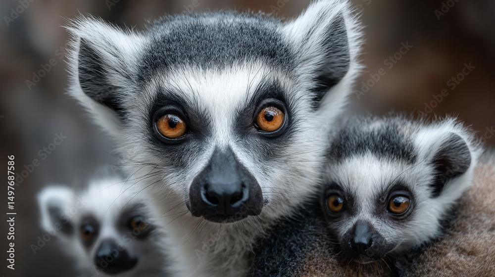 Fototapeta premium Ring-Tailed Lemur Family Portrait, Showing Wildlife Conservation and Animal Protection Efforts, With Focus on Biodiversity : Generative AI