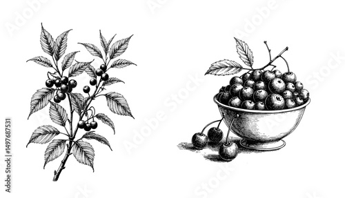 Black ink vintage sketch of ribes bush with leaves and berries in bowl  