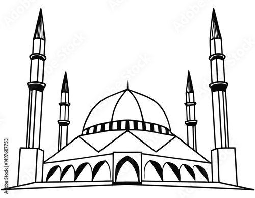 Black and white mosque illustration with elegant domes and minarets