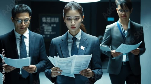 Woman reviews documents in dark office, colleagues in background, serious mood, corporate setting