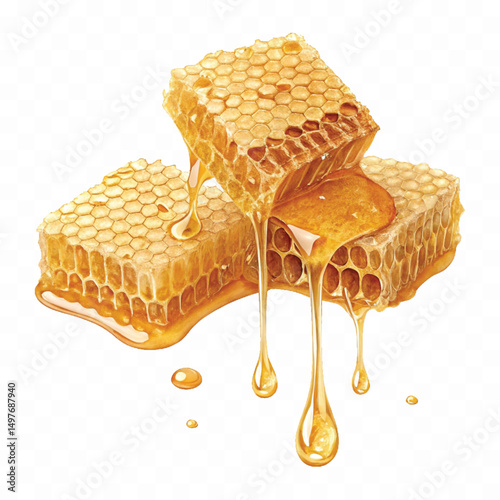 realistic smooth glossy honeycombs with liquid honey drops isolated on transparent background