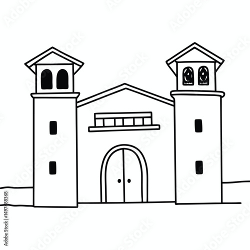 Line art of a historic church with twin towers