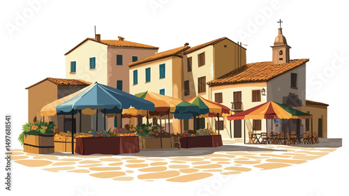 A digitally rendered illustration depicts a charming Tuscan village square. The image features several multi-story buildings rendered in warm ochre and cream tones with terracotta roofs.