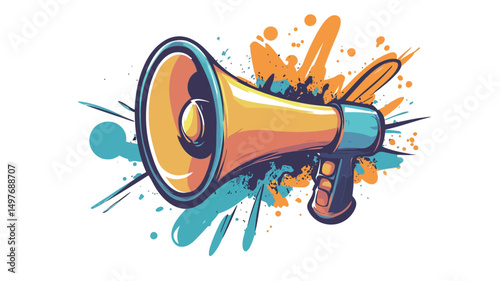 A stylized vector illustration of a megaphone depicted in a vibrant color palette featuring gradient yellows and oranges for the megaphone itself, complemented by teal and orange paint splatters