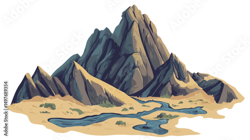 A digital illustration depicting a stylized mountain range rendered in a painterly style. The mountains are predominantly dark bluish-gray, with variations in tone suggesting depth and texture
