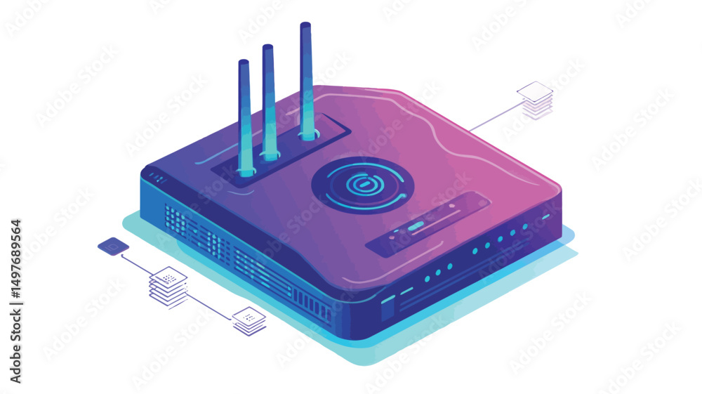 Fototapeta premium The image is a digitally created isometric illustration depicting a network hub or router. The device is rendered in a vibrant gradient of pink and purple, with glowing blue accents on the antennas.