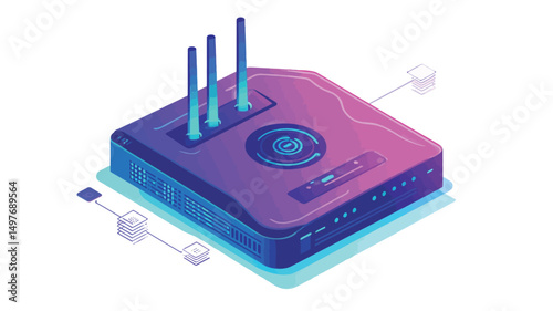 The image is a digitally created isometric illustration depicting a network hub or router. The device is rendered in a vibrant gradient of pink and purple, with glowing blue accents on the antennas.