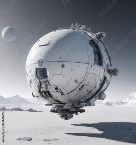 Futuristic vessel against stark white planetary backdrop  , galaxy, space exploration, spacecraft silhouette