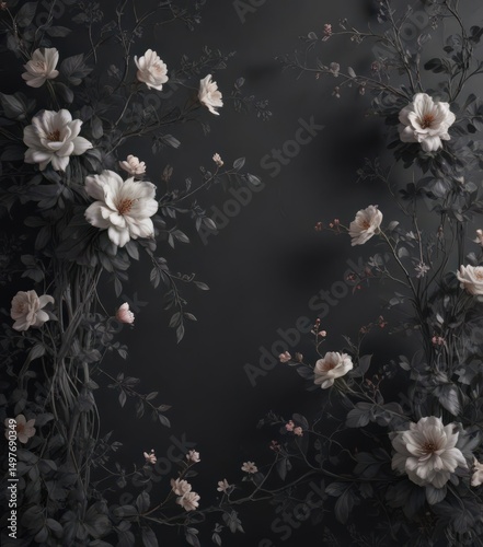 Elegant dark charcoal floral wallpaper, delicate blossoms and vines , sophisticated, home decor, interior