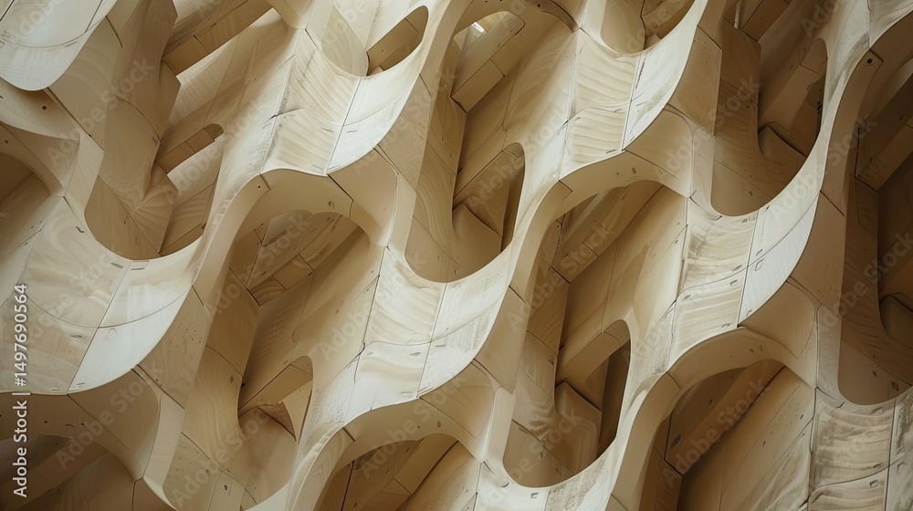 Fototapeta premium Metropol Parasol Sevilla structure, close-up, undulating wooden lattice panels, cream and tan palette, diffused lighting