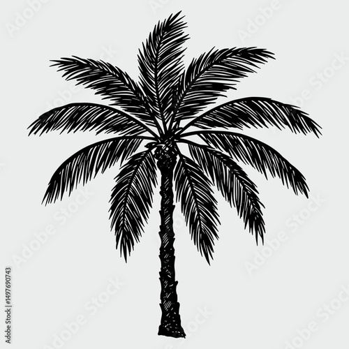 A palm tree is drawn in black and white