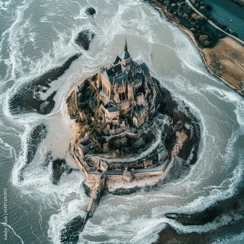 Mont Saint-Michel, flat lay, island architecture and tide pattern, rustic gray-beige