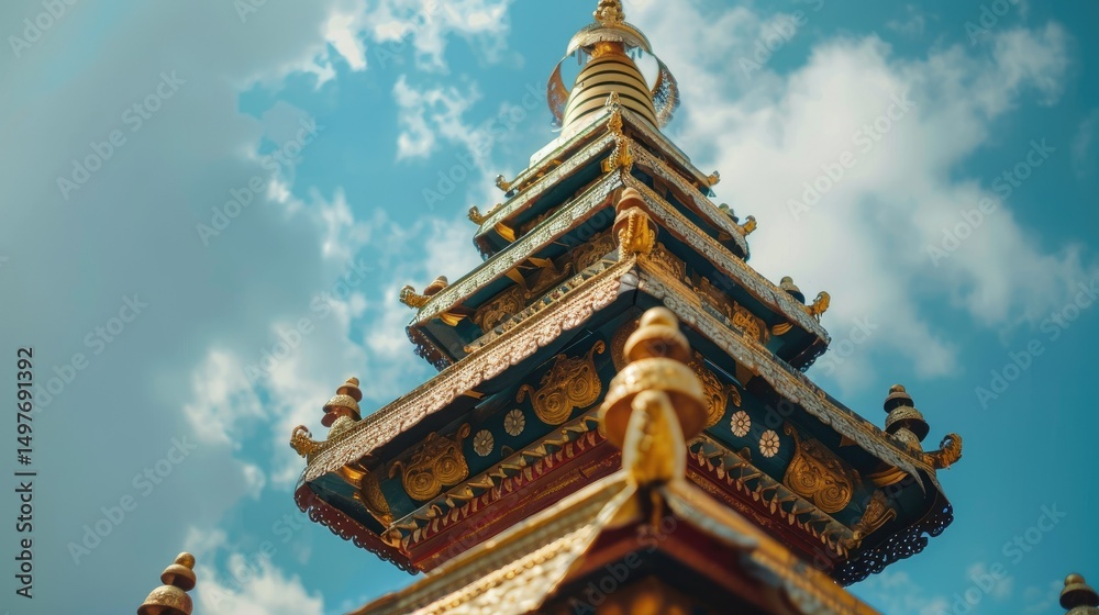 Fototapeta premium Nepalese pagoda finial detail, close-up, tiered gold ornamentation against sky, spiritual energy
