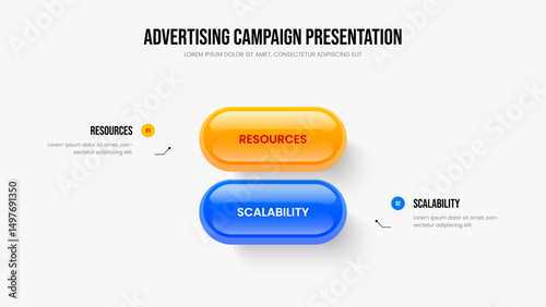 Product Innovation 2 Option Diagram Slide Template. Digital Strategy Slideshow Layout Vector Illustration. Company Development Two Step Infographic Presentation Design.