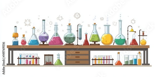 Colorful chemistry lab equipment on a wooden table.