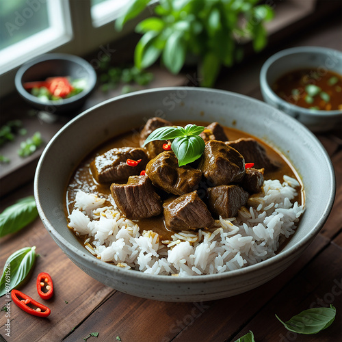 Ultra-Realistic Thai Beef Curry with Jasmine Rice in Rustic Bowl on Wooden Tabletop