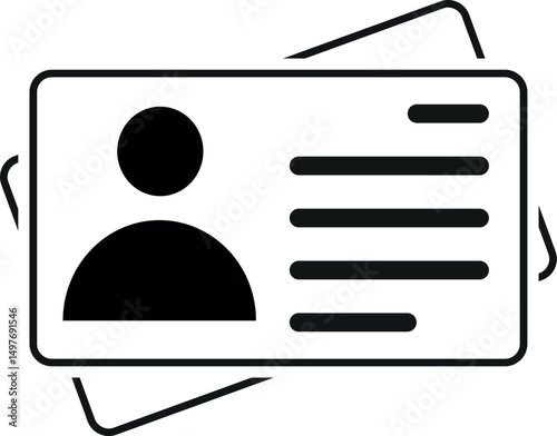 black and white id card icon with profile symbol and text lines used for identification or personal information display	