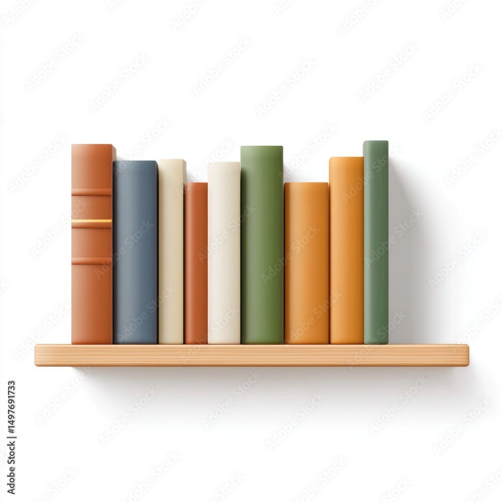Naklejka premium Books arranged neatly on a wooden shelf with diverse colors on white background