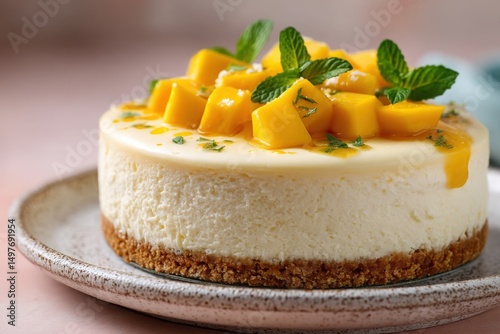 Close-up of a creamy mango cheesecake with fresh mango cubes on top, AI Generated
