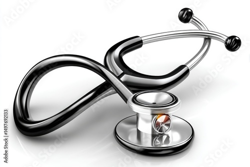 Stethoscope lying on a white surface with a smooth curve and shiny finish on white background