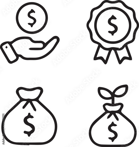 Money Icons Set: Four simple line icons symbolizing different aspects of money and investment, including a hand receiving a coin, a dollar award, a money bag, and a money bag with a growing plant.