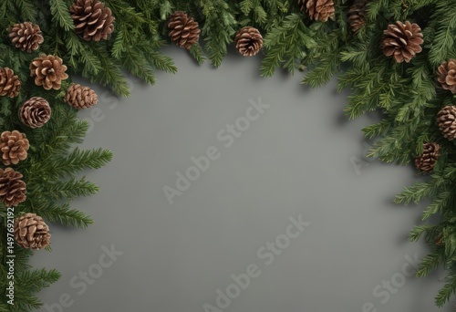 Deep green fir boughs intertwined with textured pine cones create a classic Christmas border ,  backdrop,  border,  winter border