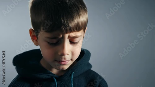 Horizontal video, sad boy in a black hoodie on a gray background