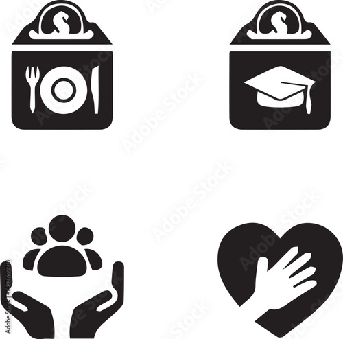 Community Support Icons: Illustrative black and white icons representing various aspects of community support, including food, education, social connections, and care.