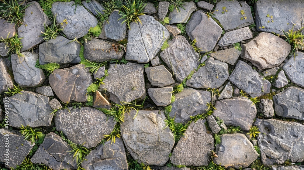 Obraz premium Peruvian Andean stone terrace, flat lay, hand-stacked walls forming patterns, green grass and gray rock
