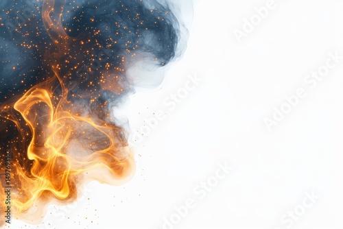 Dramatic flames and smoke dance together, creating an artistic element on white background