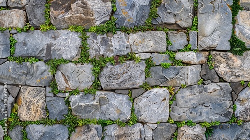 Peruvian Andean stone terrace, flat lay, hand-stacked walls forming patterns, green grass and gray rock photo