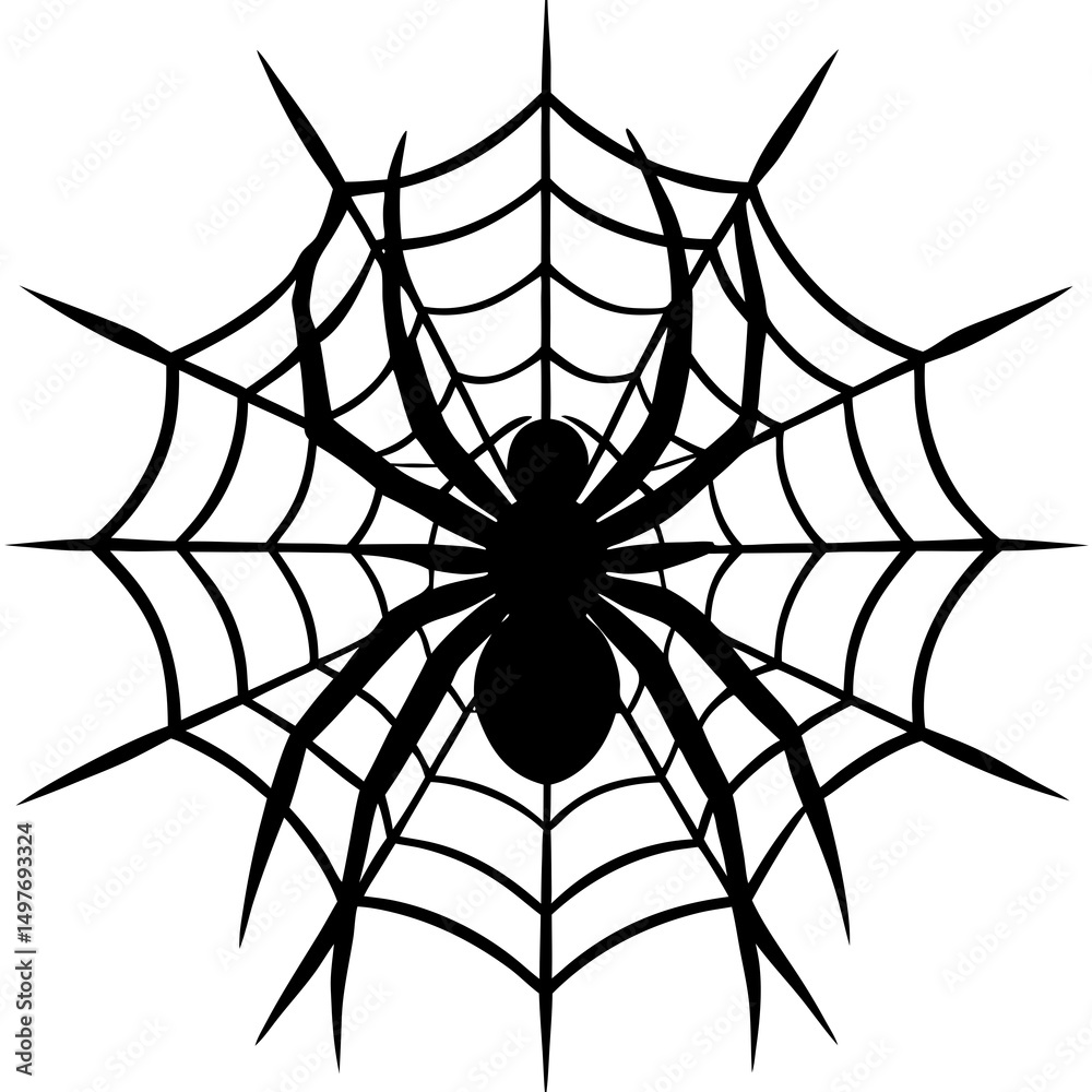 Fototapeta premium Black Silhouette Spider on Web Halloween Design Element