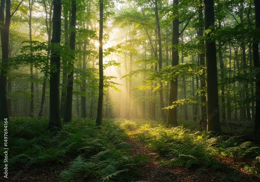 Fototapeta premium Sunlit Path Through Lush Green Forest A Serene Nature Scene
