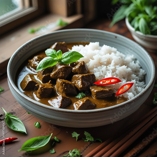 Ultra-Realistic Thai Beef Curry with Jasmine Rice in Rustic Bowl on Wooden Tabletop