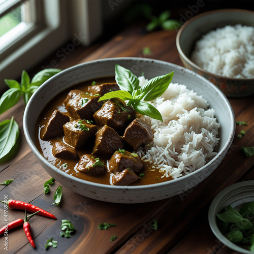 Ultra-Realistic Thai Beef Curry with Jasmine Rice in Rustic Bowl on Wooden Tabletop