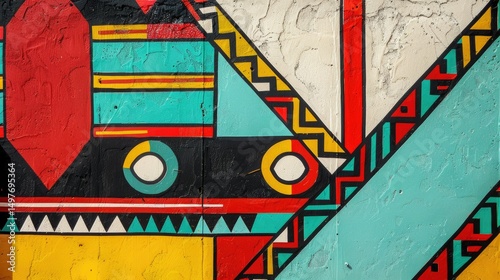 South African Ndebele painted wall, flat lay, vibrant geometric mural patterns, bold red, yellow, turquoise