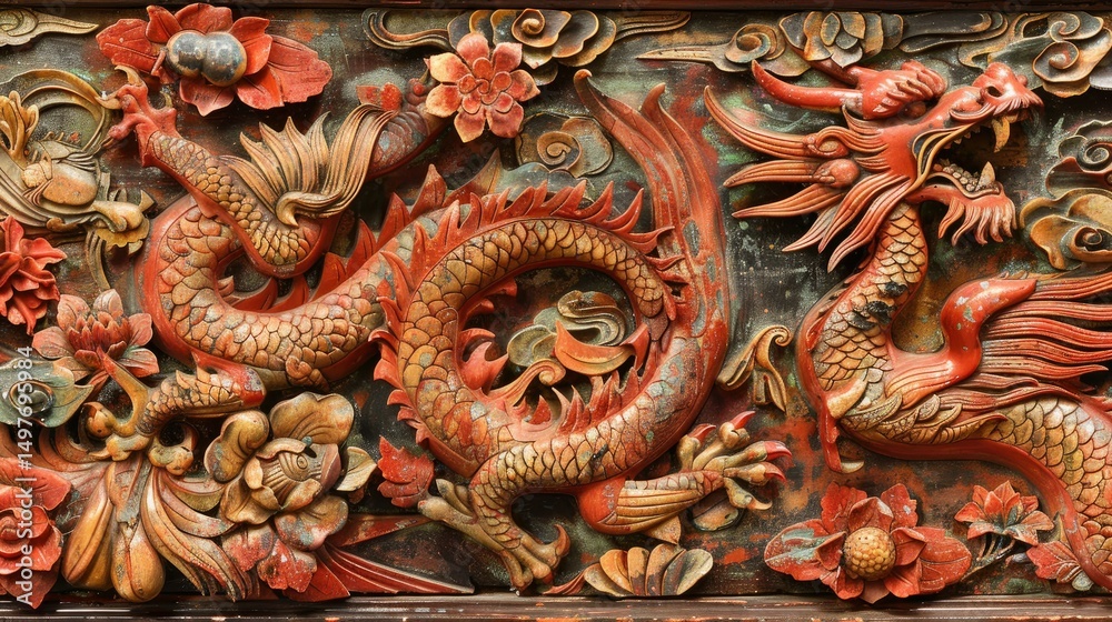 Obraz premium Taiwanese temple beam carving, close-up, vivid dragons and phoenixes, gold-red lacquer tones