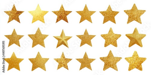 Golden glitter stars on white background. Perfect for holiday or celebration designs.
