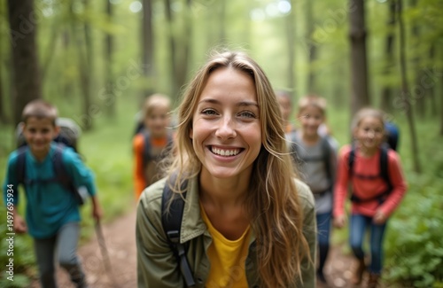 Smiling woman leads children group forest hike. Smiling face, adventure with kids, nature exploration. Summer vacation activity, teamwork, friendly path, cheerful travel, happy faces, life events,