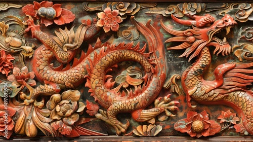 Wallpaper Mural Taiwanese temple beam carving, close-up, vivid dragons and phoenixes, gold-red lacquer tones Torontodigital.ca