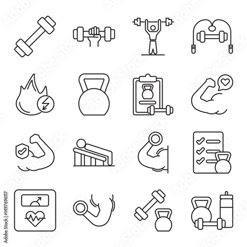weight training set of web icons in line style. weight training, strength training and lifting weights. Vector illustration