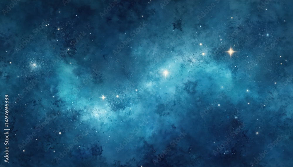 Obraz premium Watercolor illustration of the night sky with many stars. Blue watercolor background depicts glowing starry cosmos. Abstract universe background for wallpaper design. Space fantasy art.