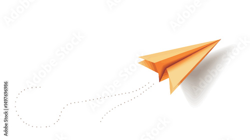 High-angle, close-up shot of a handcrafted orange paper airplane against a stark white background. The airplane is sharply in focus, exhibiting subtle creases and folds indicative of its handmade.