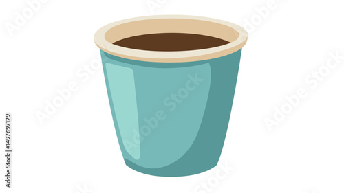 A digital illustration depicts a top-down view of a single, full teal-colored coffee cup against a stark white background. The cup is cylindrical with a slightly curved body, showcasing a smooth,.